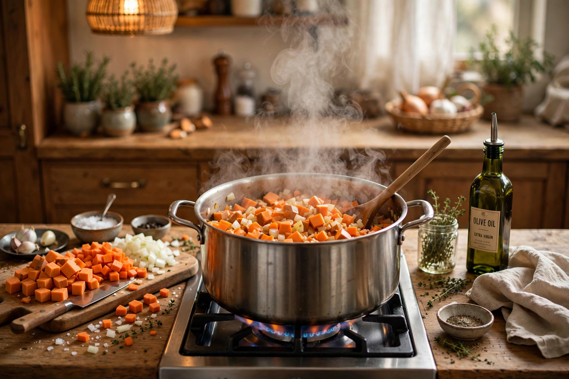 Süßkartoffel Suppe Rezept – Zubereitung: gewürfelte Süßkartoffeln, Karotten und Zwiebeln werden im Topf mit Öl angeschwitzt