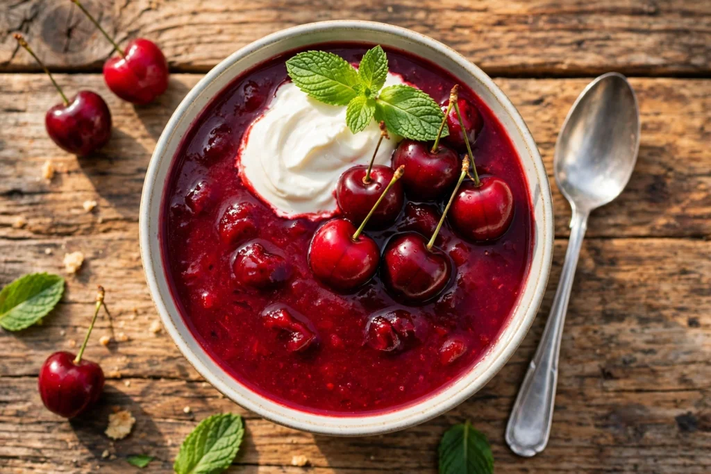 Süßkirschen Suppe Rezept – tiefrote, gekühlte Süßkirschensuppe mit Sahnehäubchen, frischen Kirschen und Minze in einer Schale