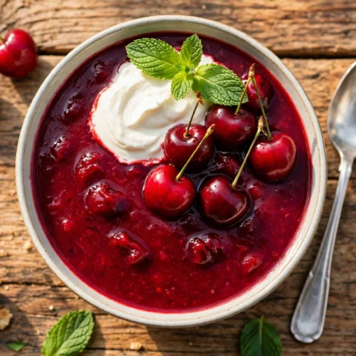 Süßkirschen Suppe Rezept – tiefrote, gekühlte Süßkirschensuppe mit Sahnehäubchen, frischen Kirschen und Minze in einer Schale