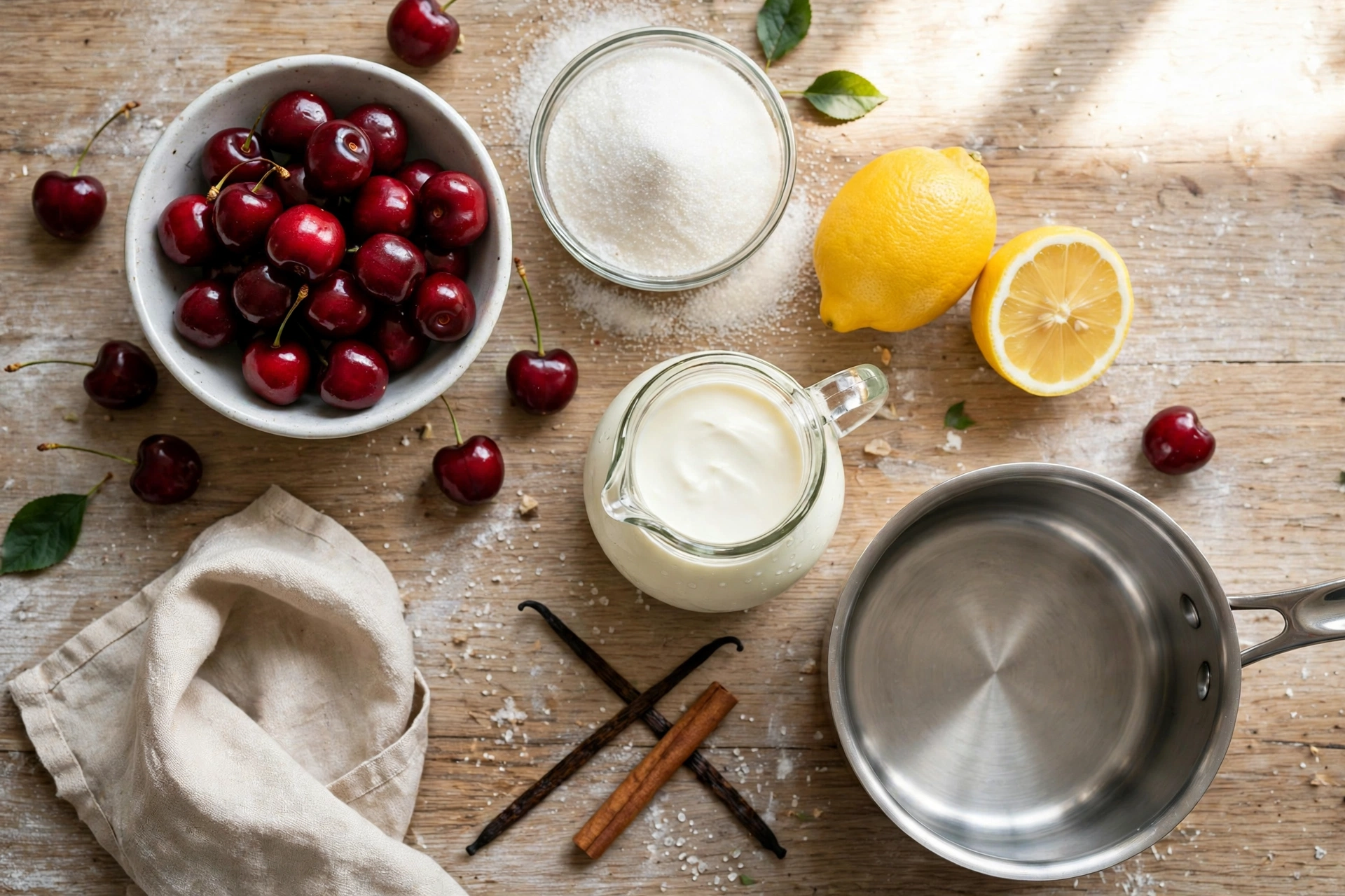 Süßkirschen Suppe Rezept – Zutaten im Überblick: frische Süßkirschen, Zucker, Zimtstange, Zitrone, Vanilleschote und Sahne