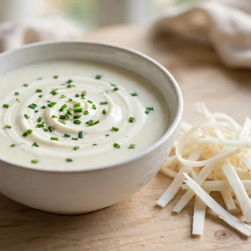 Suppe aus Spargelschalen Rezept – cremige Suppe aus Spargelschalen in weißer Schüssel mit Sahnehaube und Schnittlauch