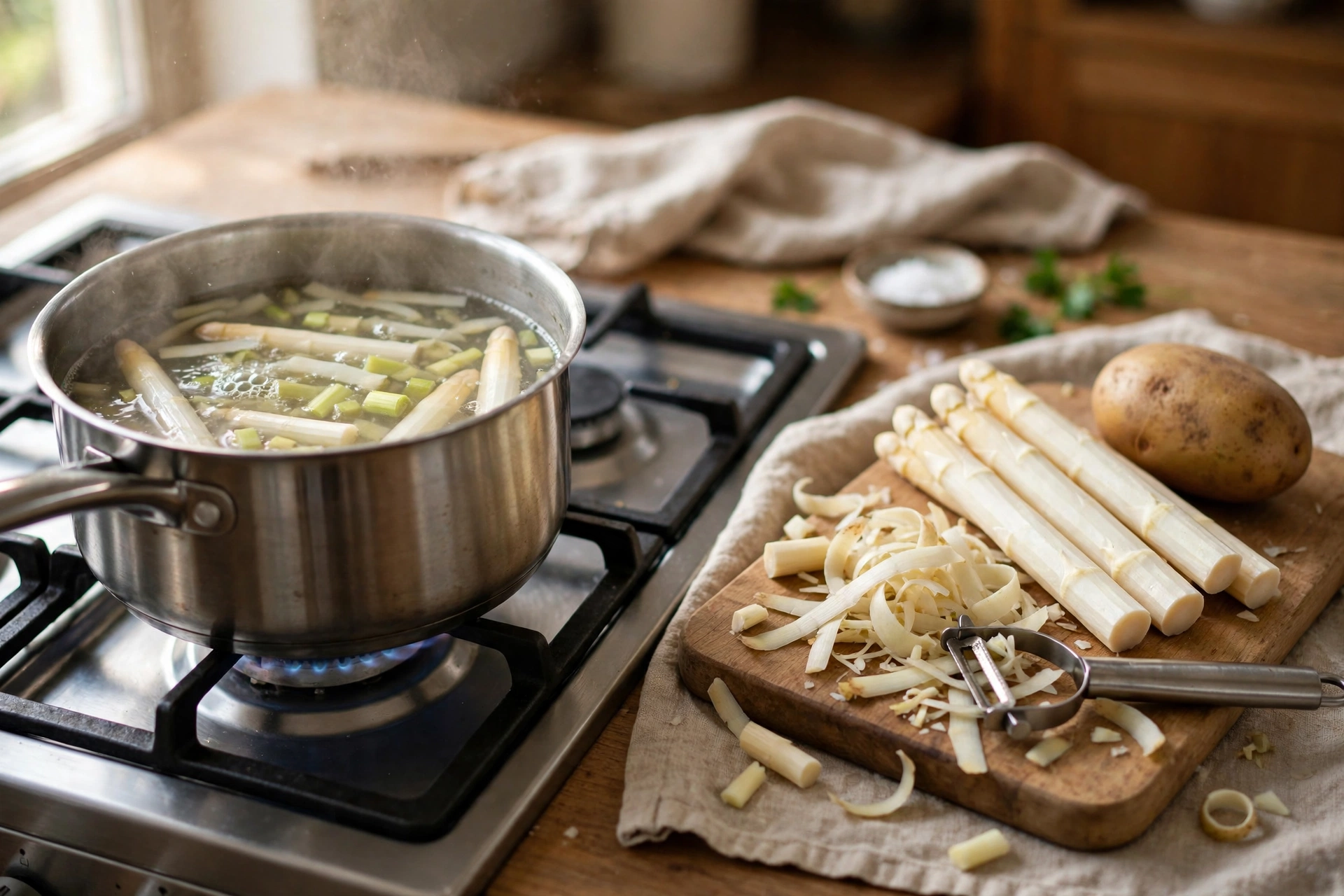 Suppe aus Spargelschalen Rezept – Spargelschalen und Abschnitte köcheln in einem Topf zu aromatischer Brühe