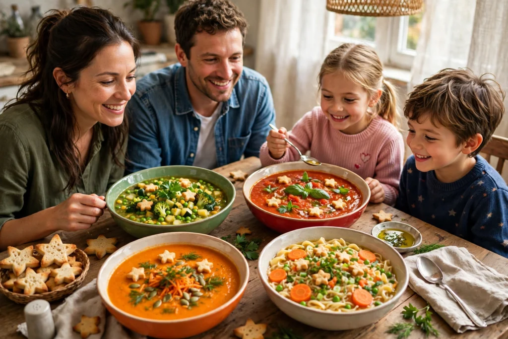Suppe Kinder Rezept – Bunte kinderfreundliche Suppen in Schüsseln mit Gemüse und Brot auf einem Familientisch