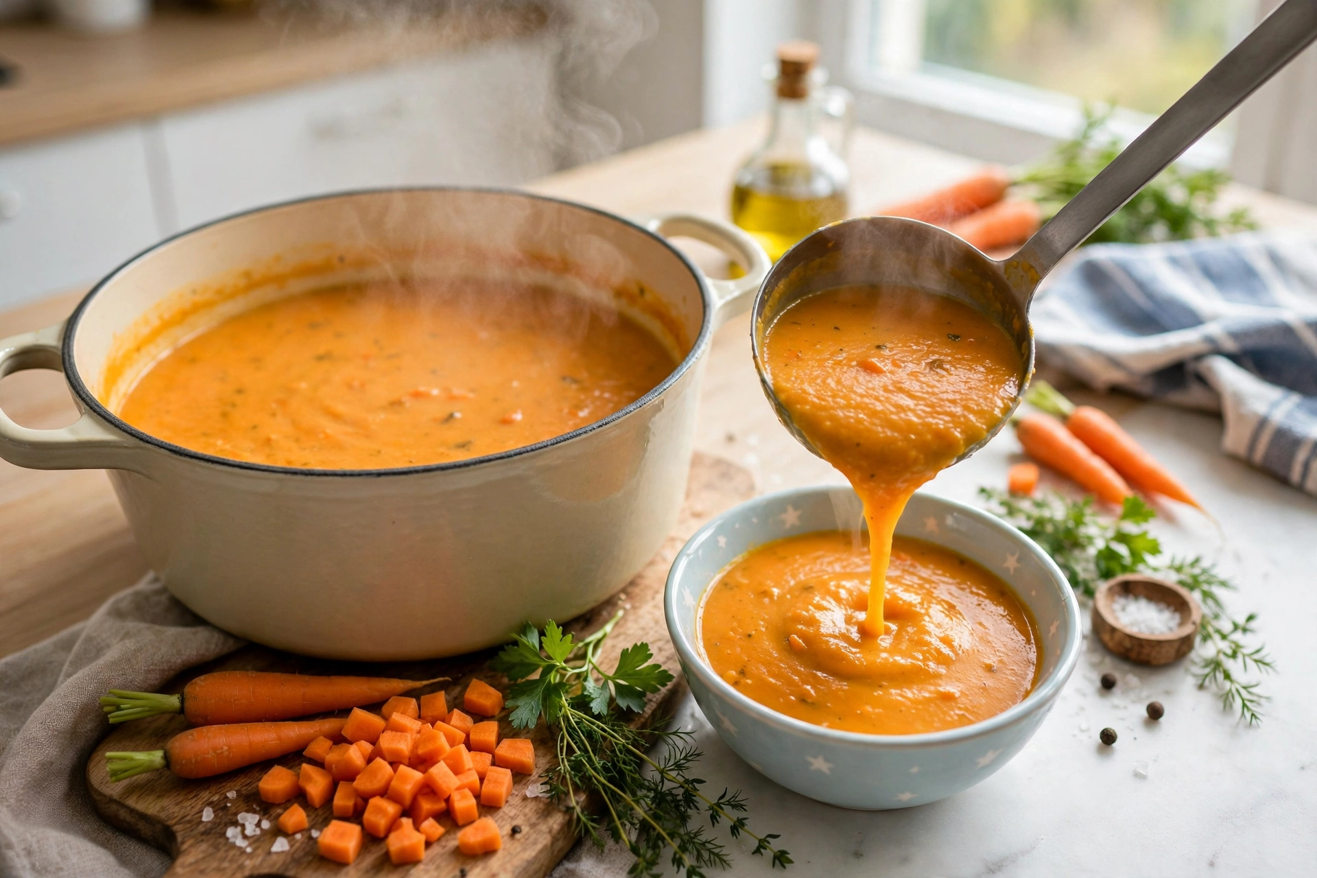 Suppe Kinder Rezept – Cremige Karottensuppe wird aus einem Topf in eine kleine Schüssel für Kinder geschöpft