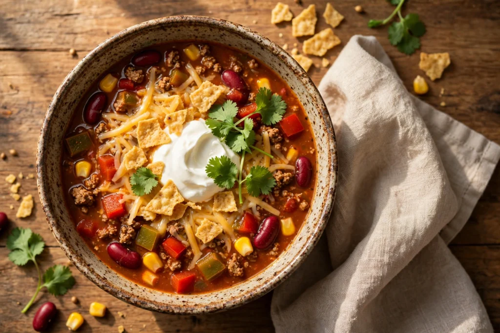 Taco Suppe Rezept – dampfende Taco-Suppe mit Hackfleisch, Mais und Bohnen, getoppt mit Käse, Sauerrahm und Tortillachips in einer Schale