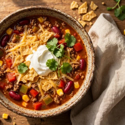 Taco Suppe Rezept – dampfende Taco-Suppe mit Hackfleisch, Mais und Bohnen, getoppt mit Käse, Sauerrahm und Tortillachips in einer Schale