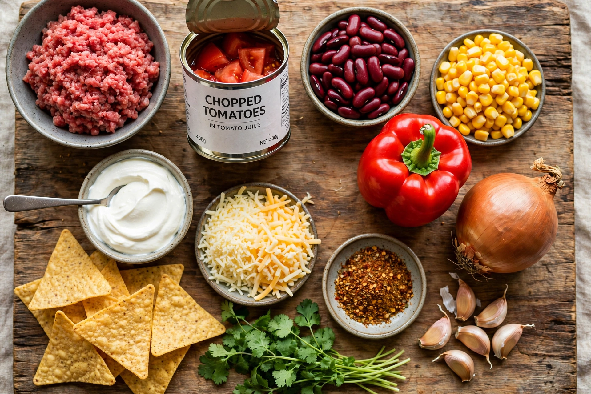 Taco Suppe Rezept – Zutaten im Überblick: Hackfleisch, Tomaten, Kidneybohnen, Mais, Paprika, Taco-Gewürz, Käse, Sauerrahm und Tortillachips