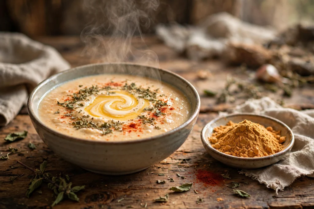Tarhana Suppe Rezept – dampfende Schale cremiger türkischer Tarhana-Suppe mit Paprikabutter, Minze und Tarhana-Pulver
