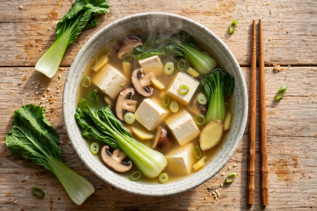 Tofu Suppe Rezept – Dampende Schüssel asiatische Tofusuppe mit Pak Choi, Champignons und Frühlingszwiebeln