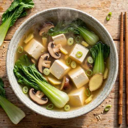 Tofu Suppe Rezept – Dampende Schüssel asiatische Tofusuppe mit Pak Choi, Champignons und Frühlingszwiebeln