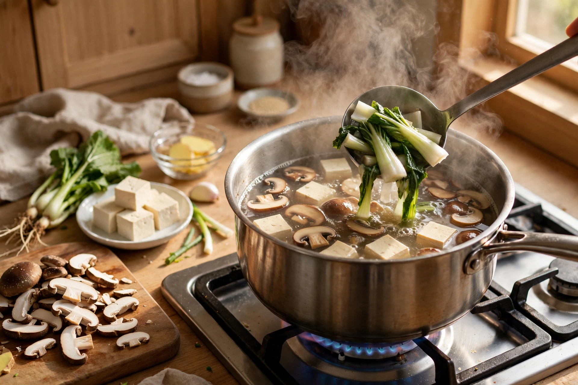 Tofu Suppe Rezept – Tofuwürfel und Pak Choi garen in der würzigen Brühe im Topf