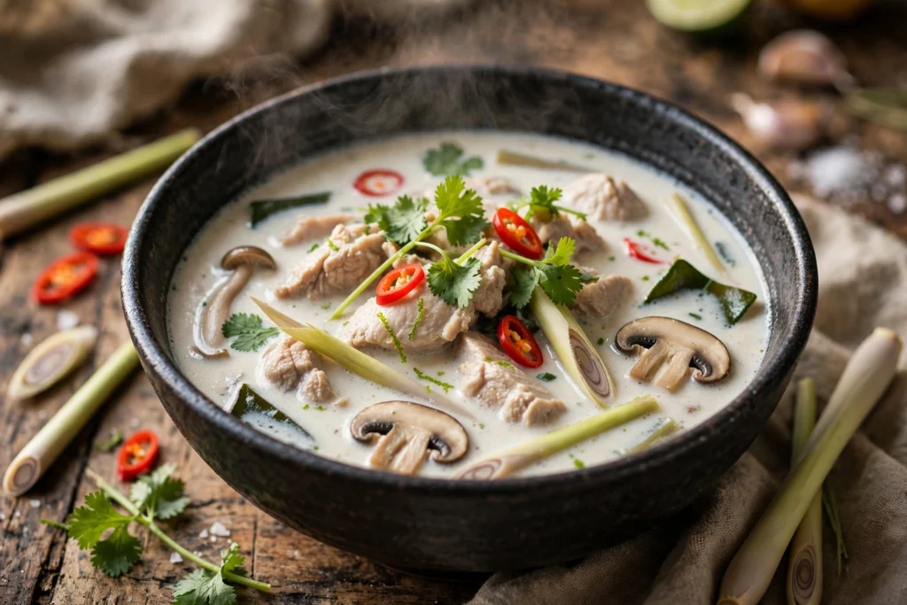 Tom Kha Gai Suppe Rezept – dampfende thailändische Kokossuppe mit Hähnchen, Pilzen und roten Chilis in dunkler Schale auf Holztisch