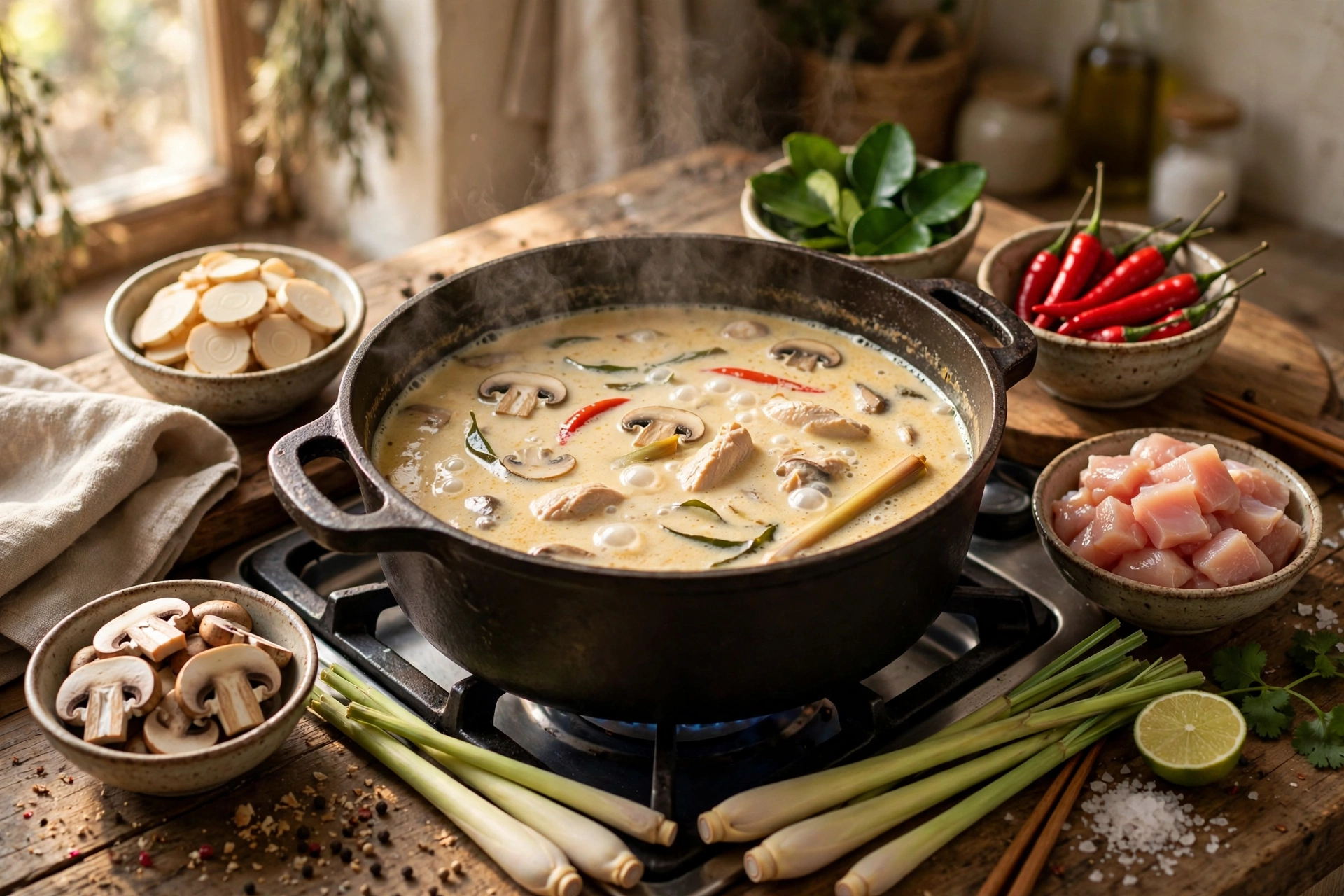 Tom Kha Gai Suppe Rezept – Zubereitung: Kokosmilch, Galgant, Zitronengras, Limettenblätter, Hähnchen und Pilze als Zutaten in Schüsseln