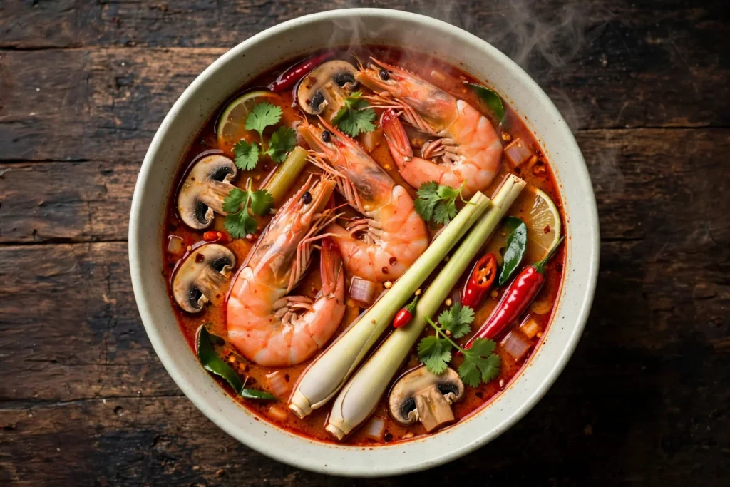 Tom Yum Suppe Rezept – dampfende thailändische Suppe mit Garnelen, Zitronengras, Champignons und Koriander in heller Schüssel