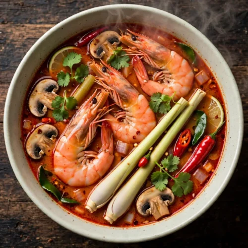 Tom Yum Suppe Rezept – dampfende thailändische Suppe mit Garnelen, Zitronengras, Champignons und Koriander in heller Schüssel