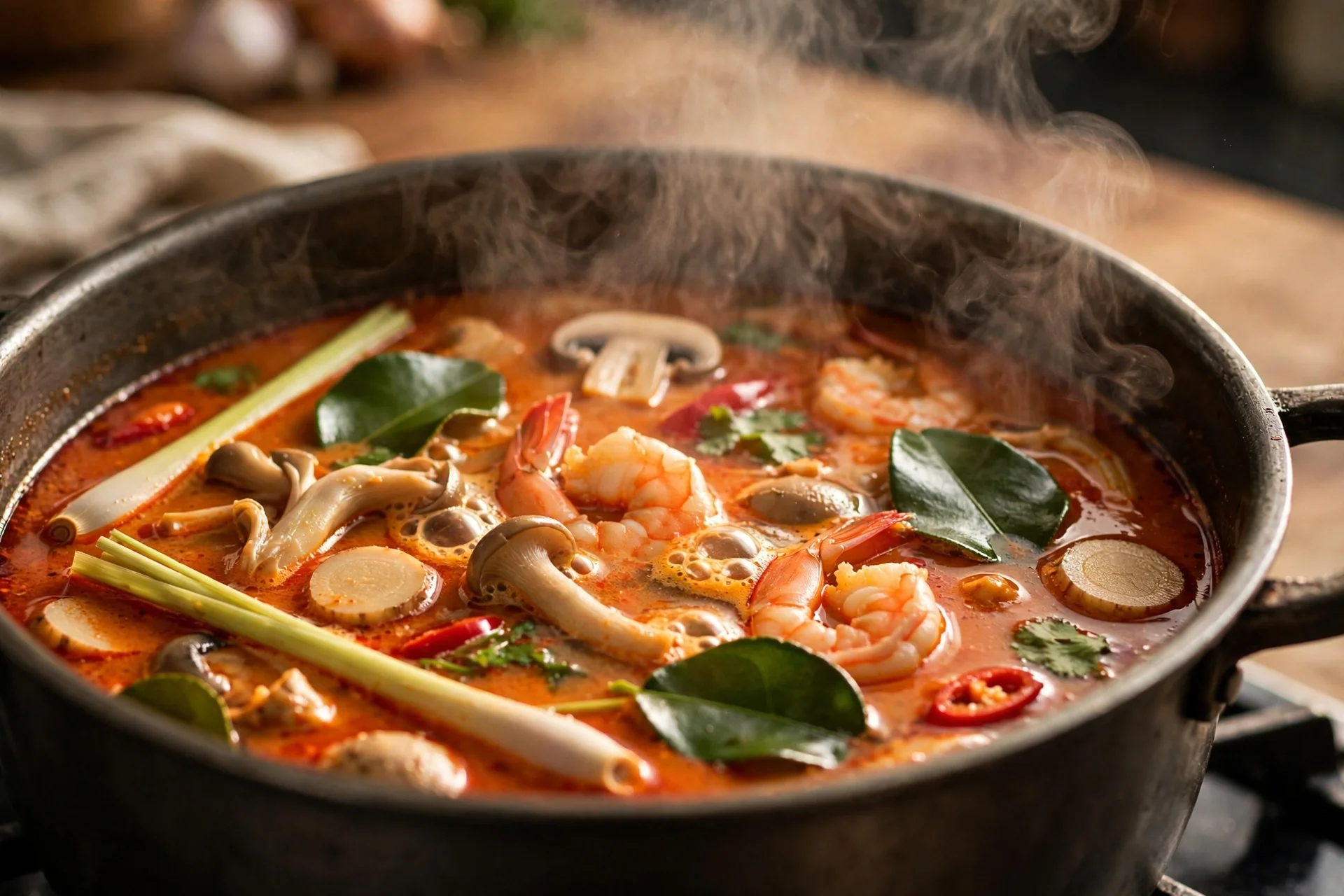 Tom Yum Suppe Rezept – köchelnde Brühe im Topf mit Zitronengras, Galgant, Limettenblättern, Pilzen und Garnelen