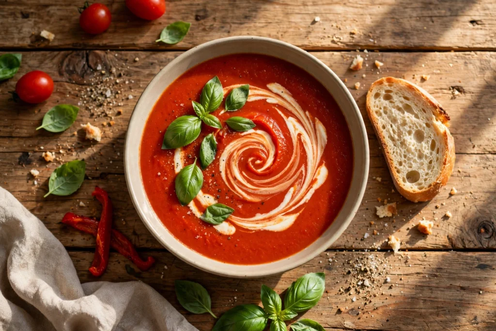 Tomaten Paprika Suppe Rezept – samtige, ofengeröstete Tomaten-Paprika-Suppe mit Basilikum und Sahnehäubchen in einer Schale