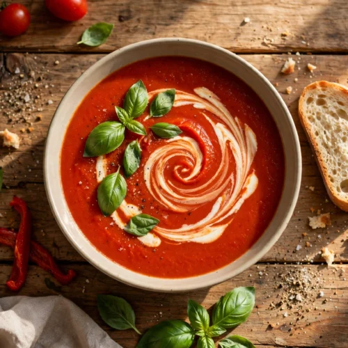 Tomaten Paprika Suppe Rezept – samtige, ofengeröstete Tomaten-Paprika-Suppe mit Basilikum und Sahnehäubchen in einer Schale