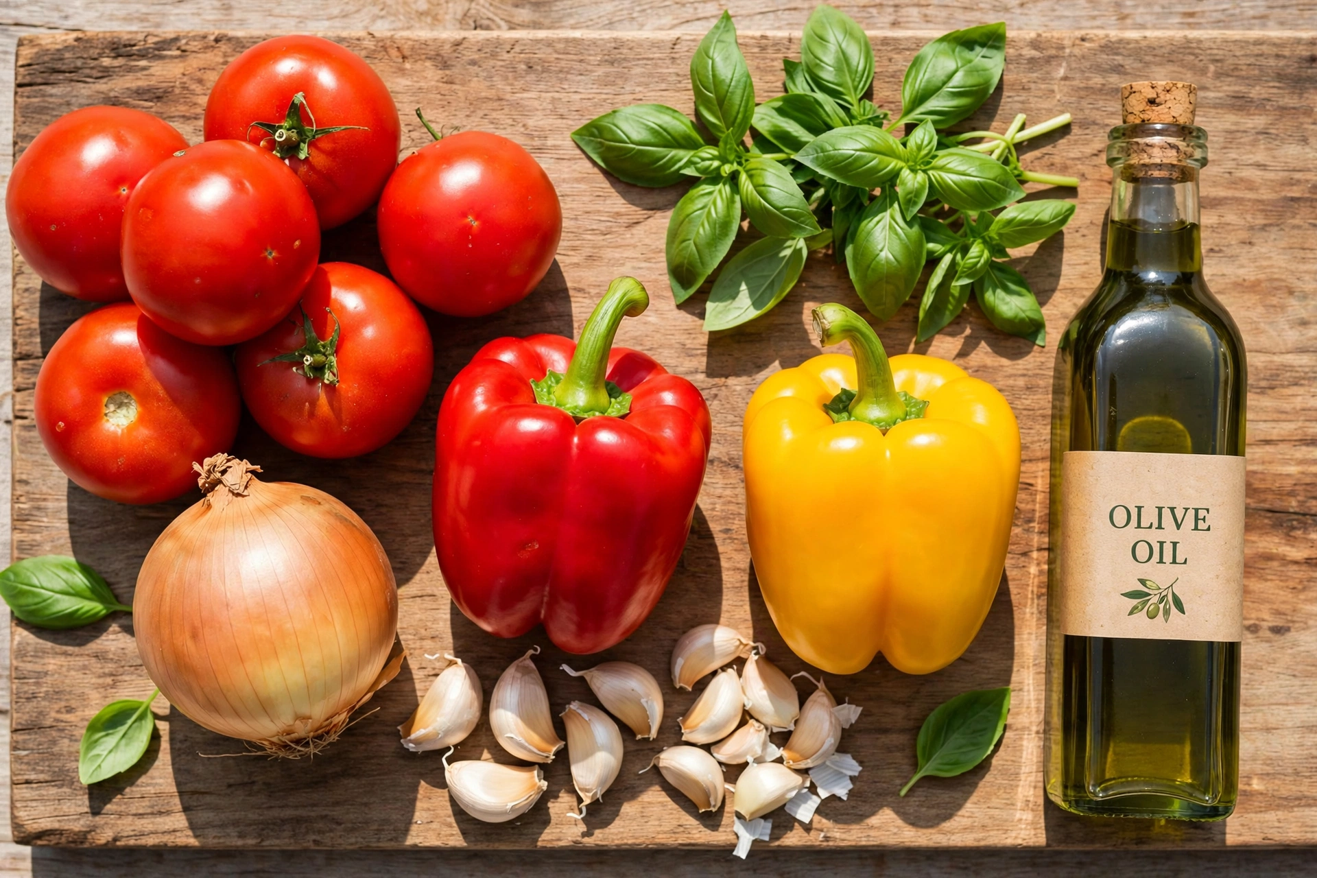 Tomaten Paprika Suppe Rezept – Zutaten im Überblick: reife Tomaten, rote und gelbe Paprika, Zwiebel, Knoblauch, Basilikum und Olivenöl