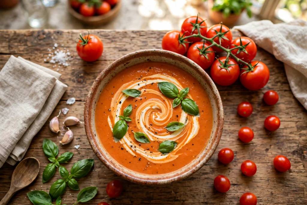 Tomaten Suppe Rezept – cremige Tomatensuppe in der Schale mit Sahnehäubchen und frischem Basilikum