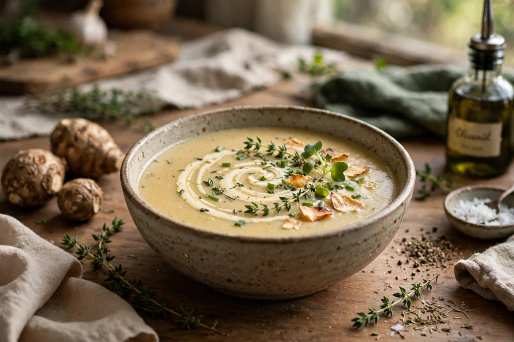 Topinambur Suppe Rezept – cremige Topinambursuppe in rustikaler Schale mit Sahnehäubchen und frischen Kräutern