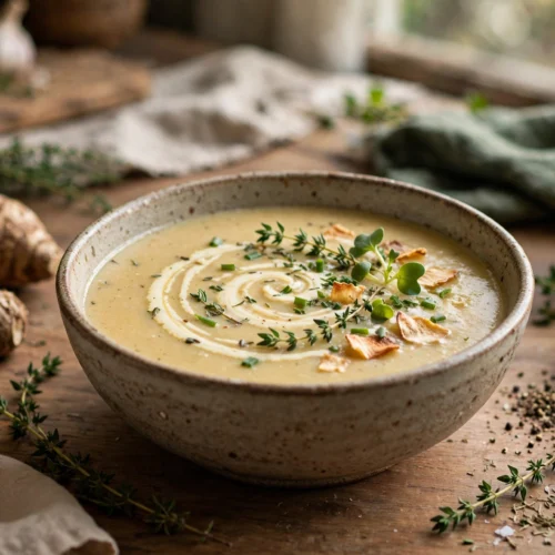 Topinambur Suppe Rezept – cremige Topinambursuppe in rustikaler Schale mit Sahnehäubchen und frischen Kräutern