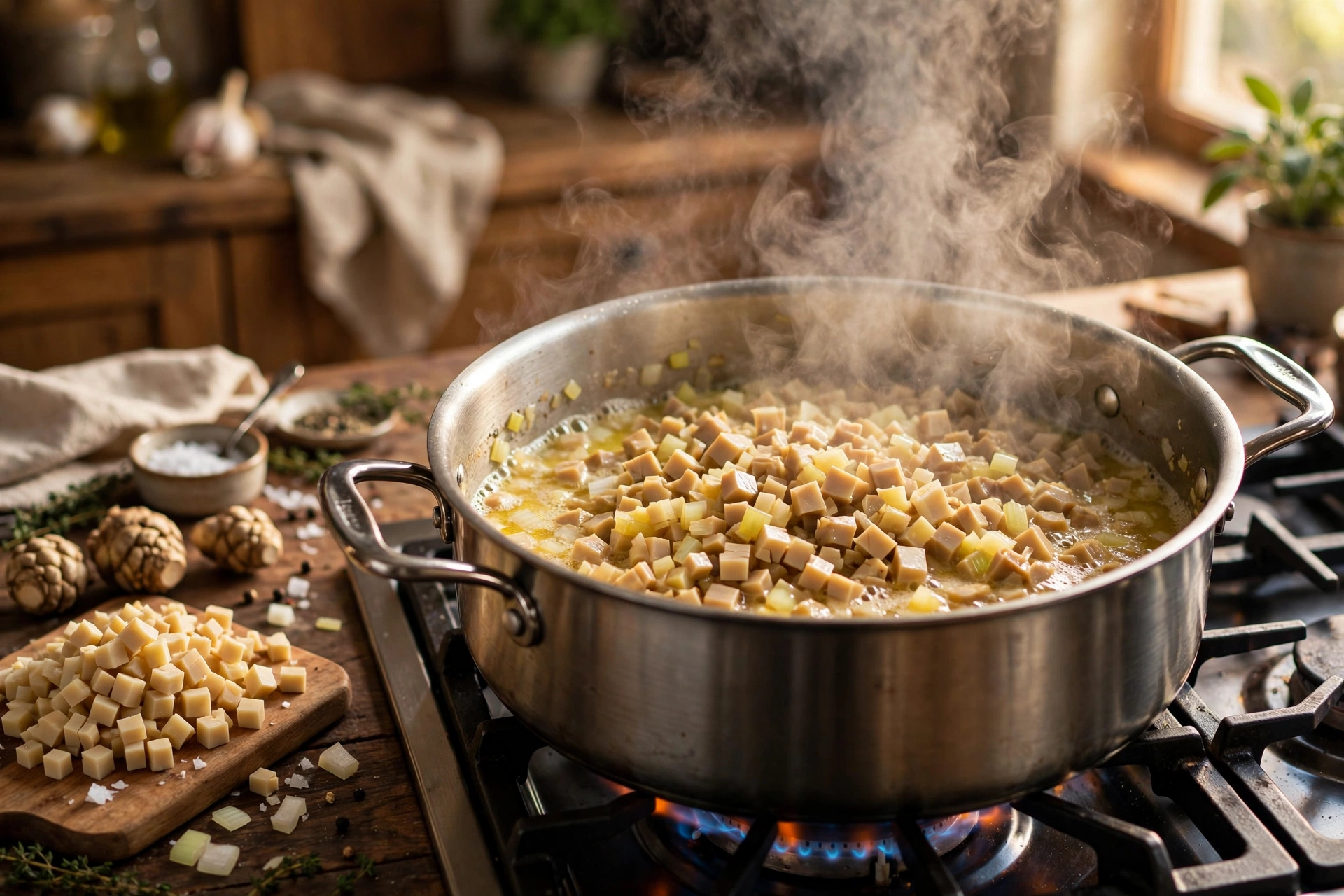 Topinambur Suppe Rezept – gewürfelte Topinamburknollen und Zwiebeln werden in Butter im Topf angeschwitzt