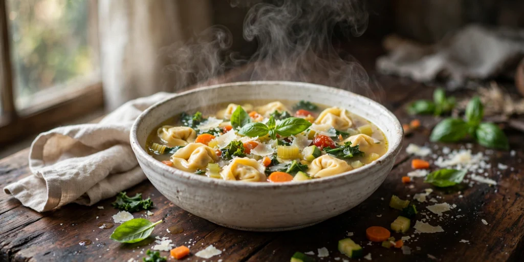 Tortellini Suppe Rezept – dampfende Tortellinisuppe mit Gemüse und Parmesan in einer rustikalen Schüssel