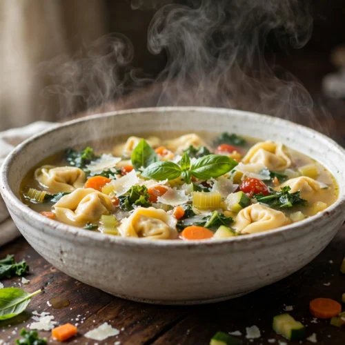 Tortellini Suppe Rezept – dampfende Tortellinisuppe mit Gemüse und Parmesan in einer rustikalen Schüssel