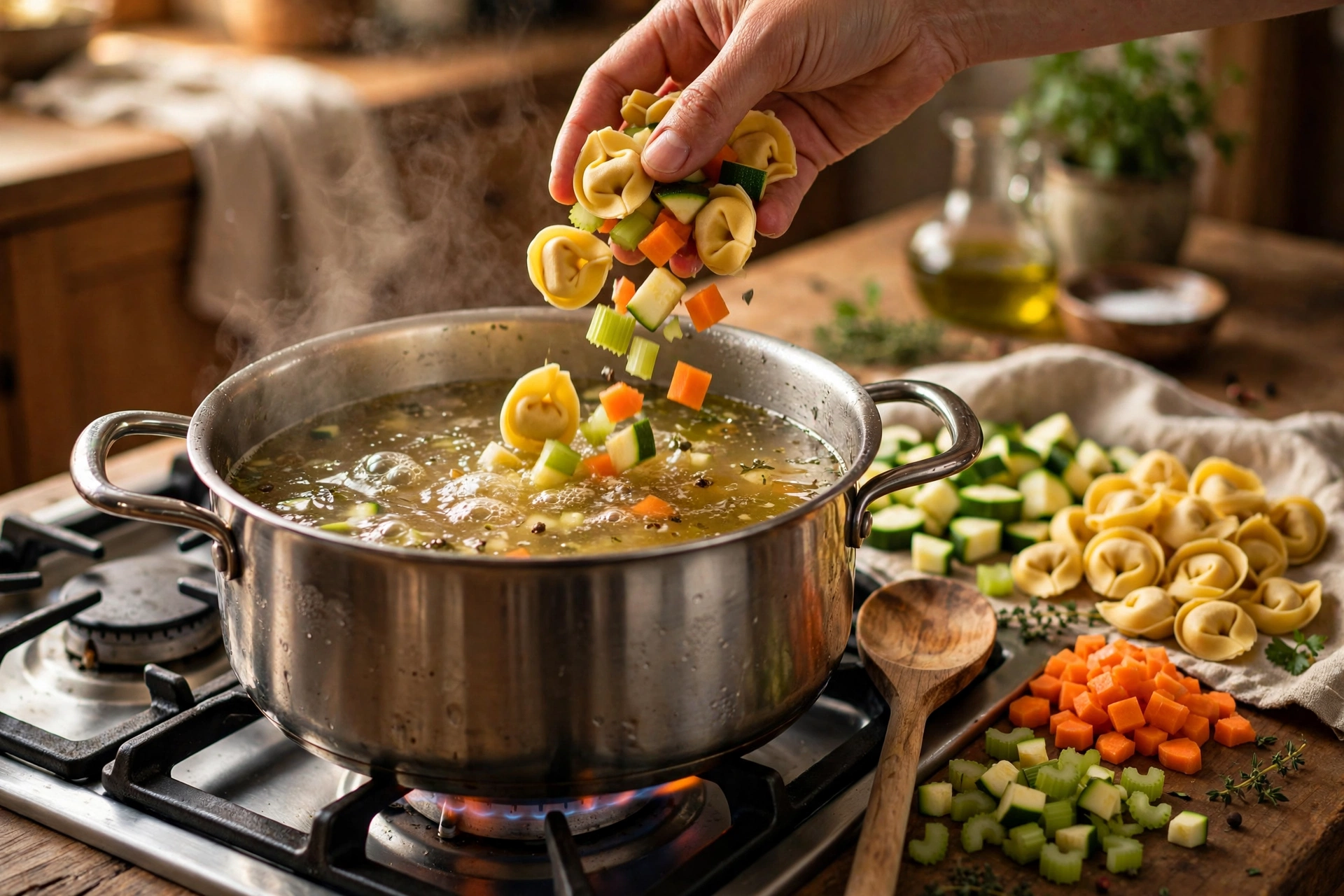 Tortellini Suppe Rezept – frische Tortellini und geschnittenes Gemüse werden zum köchelnden Suppentopf gegeben