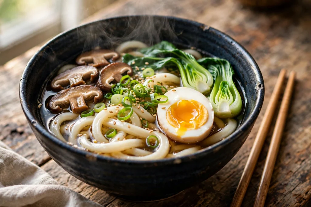 Udon Suppe Rezept – dampfende japanische Udon-Nudelsuppe mit Shiitake, Pak Choi, Ei und Frühlingszwiebeln
