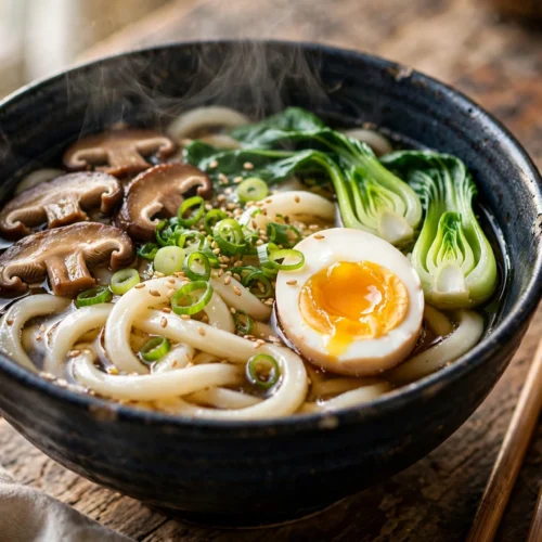 Udon Suppe Rezept – dampfende japanische Udon-Nudelsuppe mit Shiitake, Pak Choi, Ei und Frühlingszwiebeln