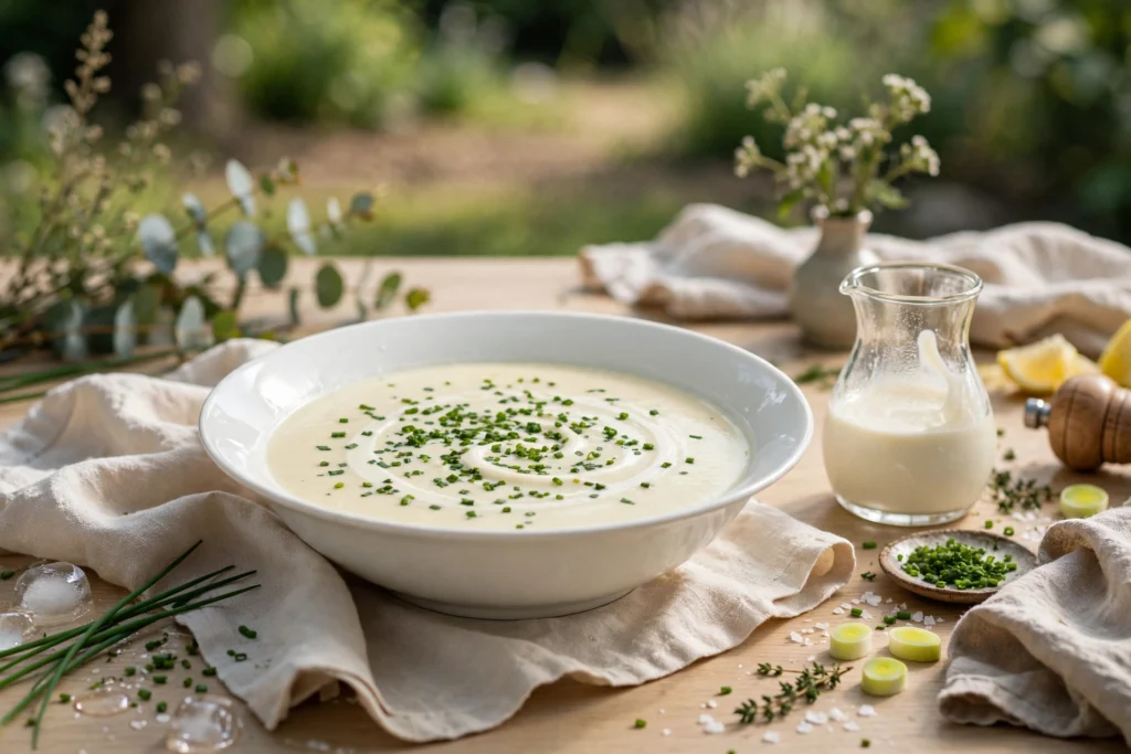 Vichyssoise Suppe Rezept – eiskalte, cremige Kartoffel-Lauch-Suppe mit Sahnehäubchen und Schnittlauch in einer eleganten Schale