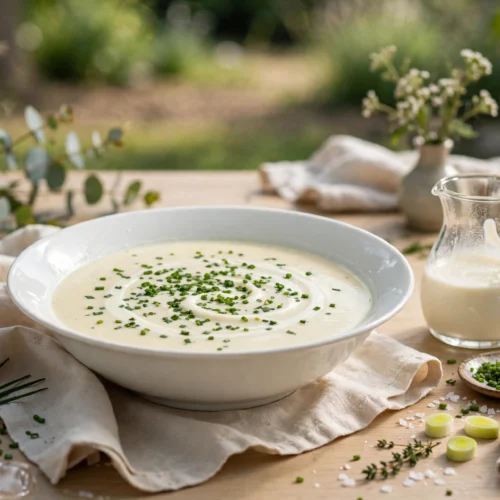 Vichyssoise Suppe Rezept – eiskalte, cremige Kartoffel-Lauch-Suppe mit Sahnehäubchen und Schnittlauch in einer eleganten Schale