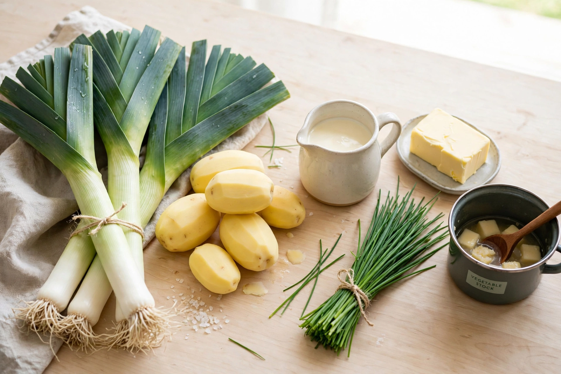 Vichyssoise Suppe Rezept – Zutaten im Überblick: frischer Lauch, Kartoffeln, Sahne, Butter, Zwiebel und Schnittlauch