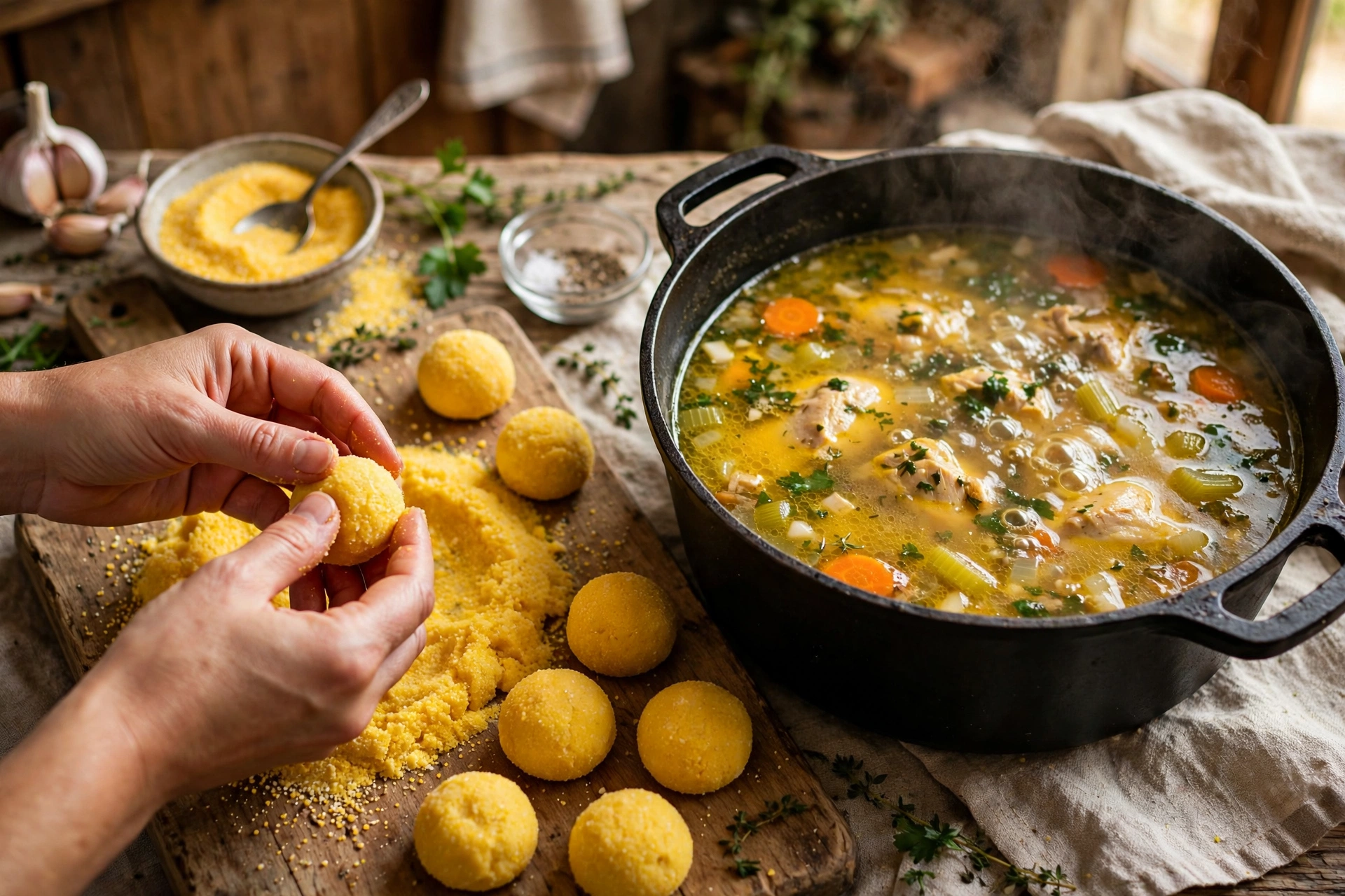 Vori Vori Suppe Rezept – Zubereitung: Maismehlbällchen werden von Hand geformt, daneben köchelt der Suppentopf mit goldgelber Hühnerbrühe