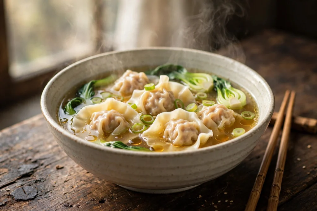 Wan Tan Suppe Rezept – dampfende Schüssel mit gefalteten Wan Tan, klarer Hühnerbrühe, Pak Choi und Frühlingszwiebeln