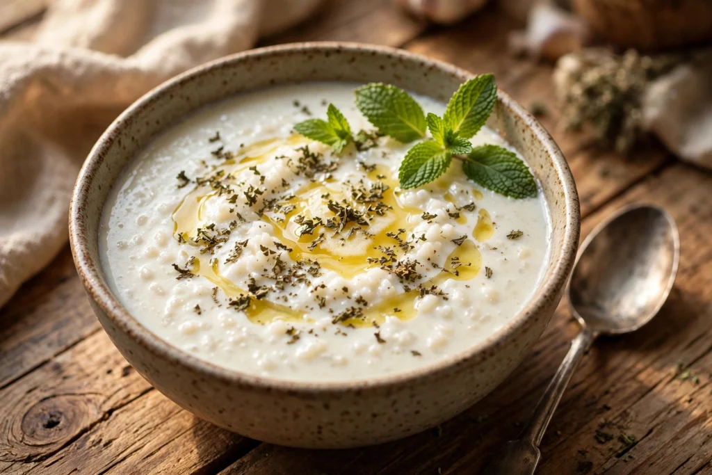 Yayla Suppe Rezept – cremige türkische Joghurtsuppe mit Minzbutter und frischer Minze in einer rustikalen Schale