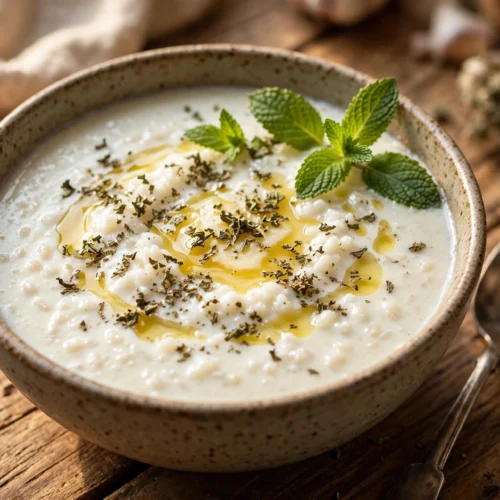 Yayla Suppe Rezept – cremige türkische Joghurtsuppe mit Minzbutter und frischer Minze in einer rustikalen Schale