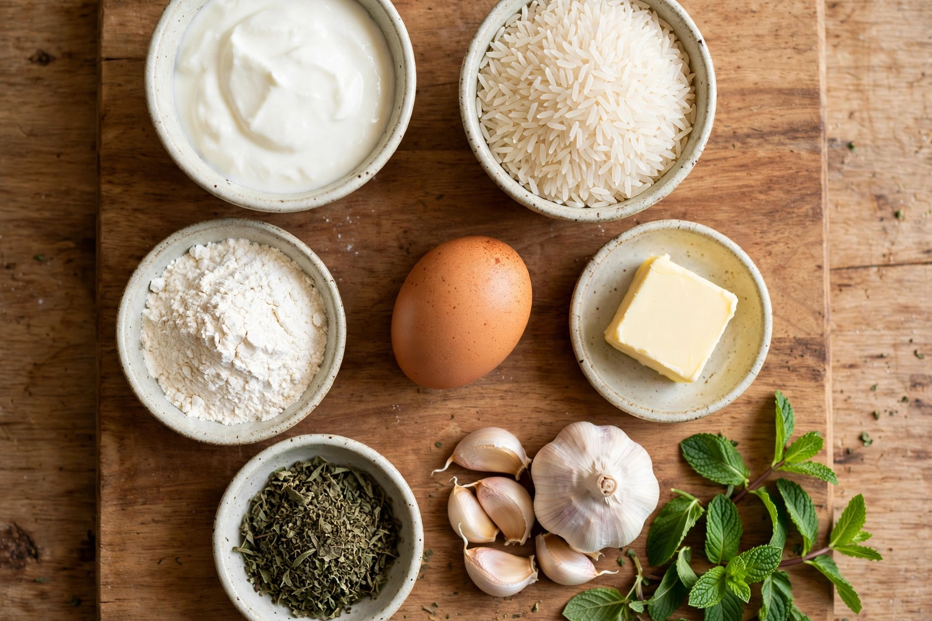 Yayla Suppe Rezept – Zutaten im Überblick: Joghurt, Reis, Ei, Mehl, Butter, getrocknete Minze und Knoblauch auf einem Holzbrett