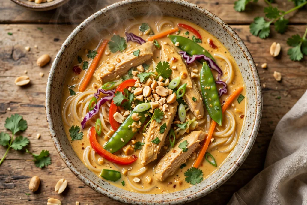 Yum Yum Suppe Rezept – dampfende cremige Erdnusssuppe mit Hähnchen, Gemüse und Nudeln in einer Schüssel