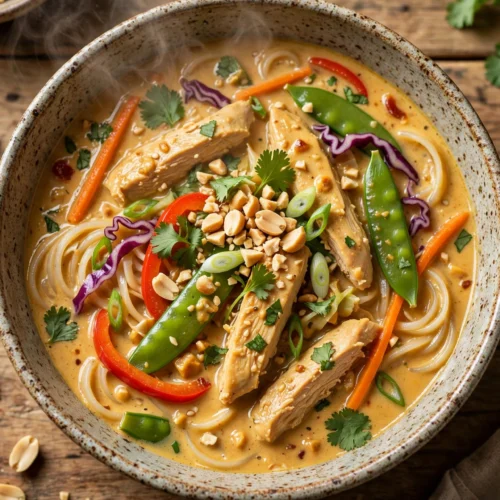 Yum Yum Suppe Rezept – dampfende cremige Erdnusssuppe mit Hähnchen, Gemüse und Nudeln in einer Schüssel