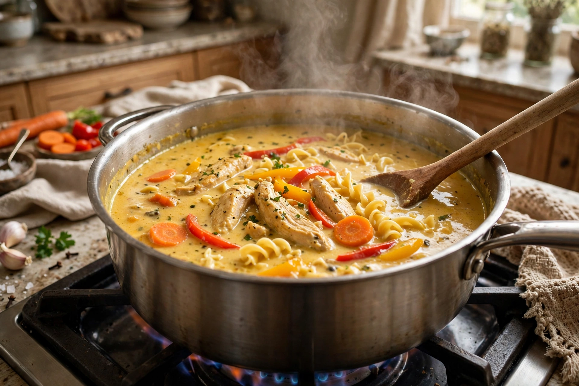 Yum Yum Suppe Rezept – köchelnde cremige Erdnusssuppe im Topf mit Hähnchen, Karotten, Paprika und Nudeln