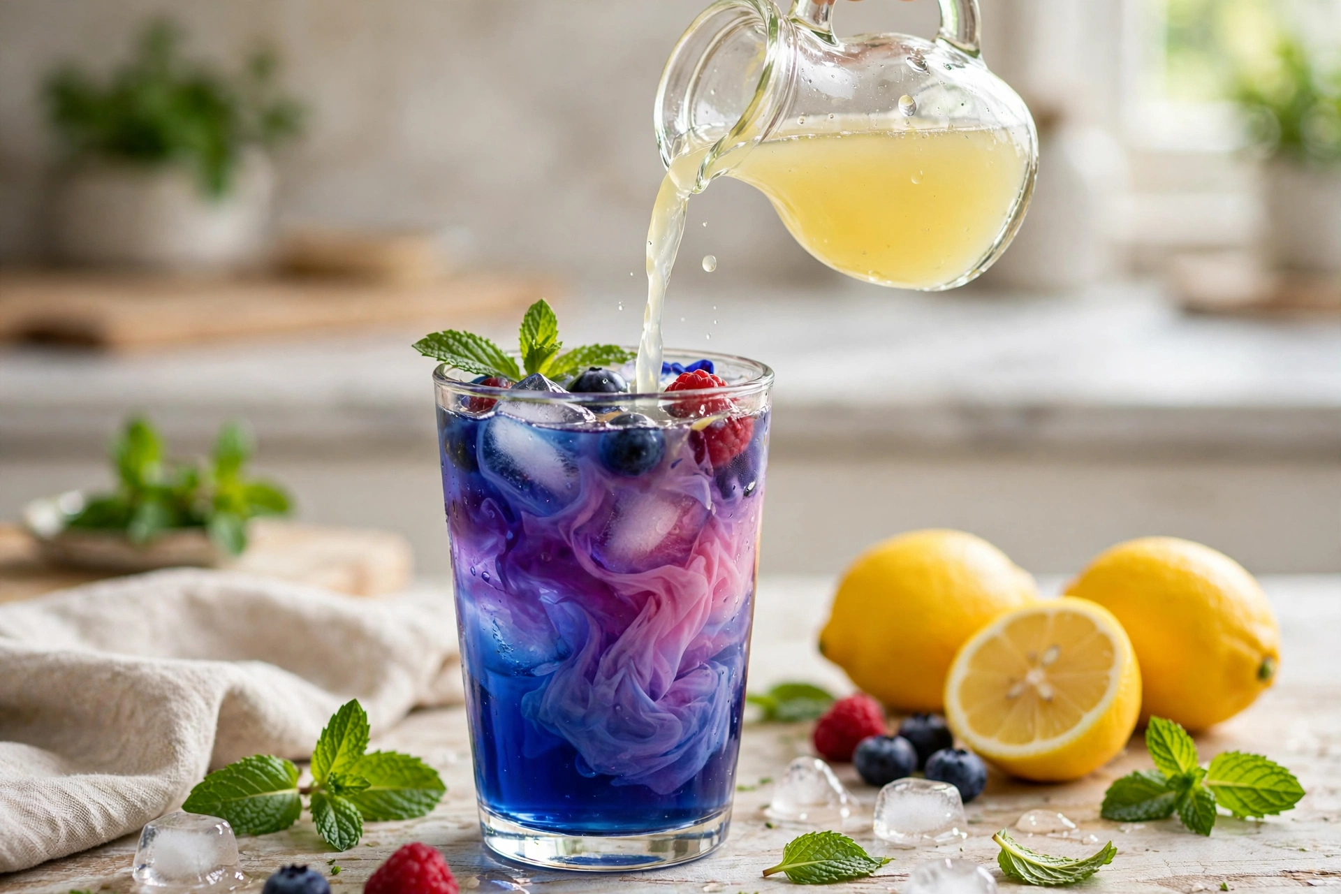 Zaubertrank Rezept Kinder zum Trinken – Zitronensaft verwandelt den blauen Tee in Lila