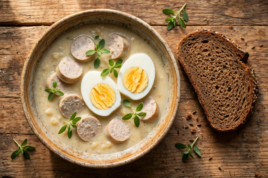 Zurek Suppe Rezept – Cremige polnische Sauermehlsuppe mit weißer Wurst, halbiertem Ei und Majoran in rustikaler Schale