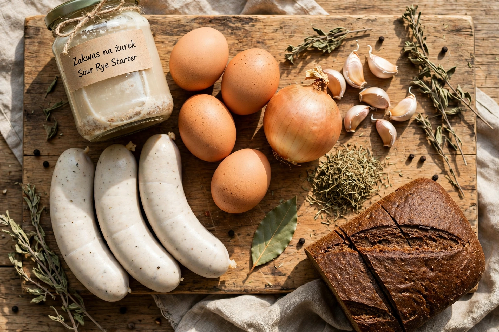 Zurek Suppe Rezept – Zutaten im Überblick: Sauerteigansatz, weiße Wurst, Eier, Knoblauch, Majoran und Roggenbrot auf einem Holzbrett