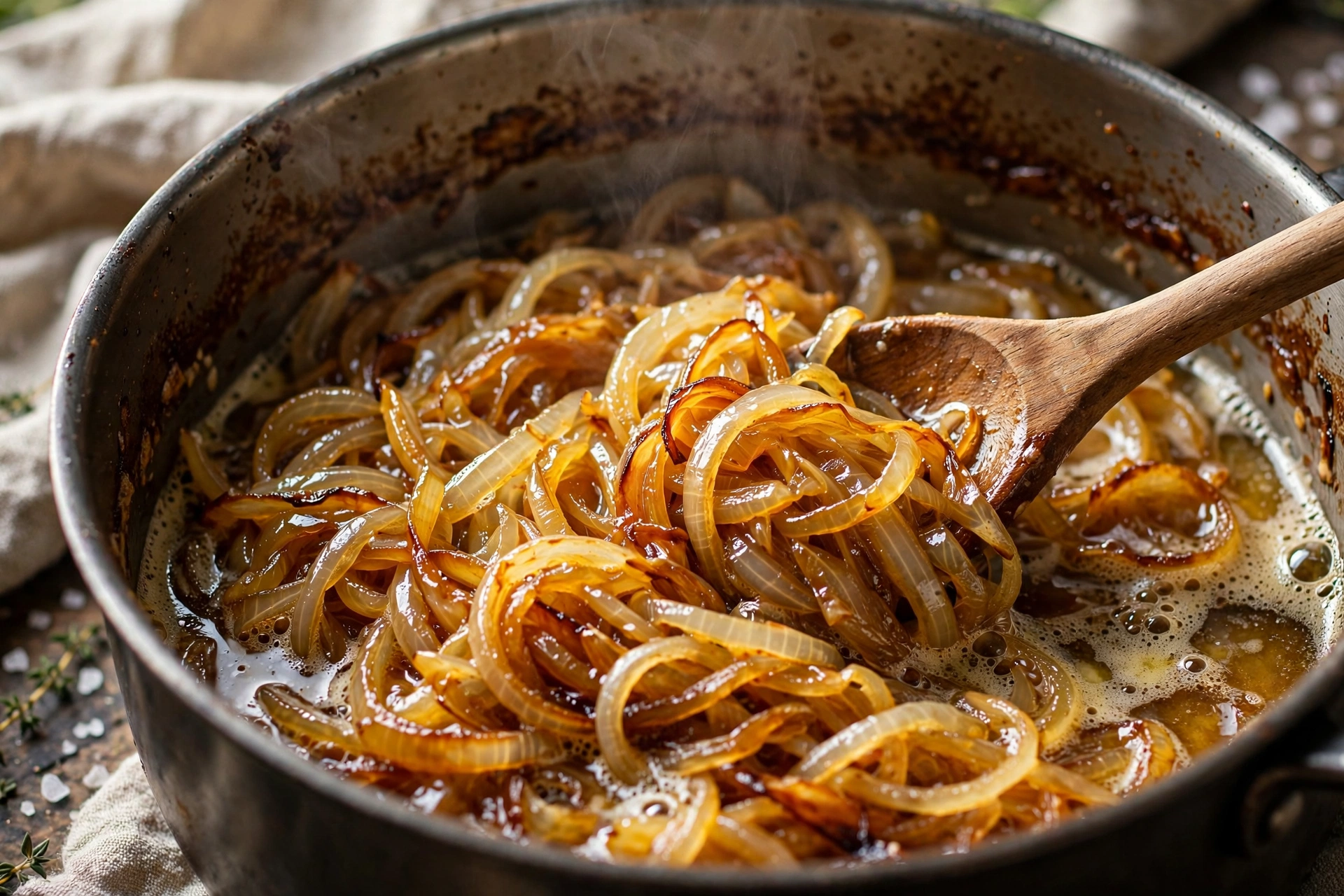 Zwiebel Suppe Rezept – Zwiebelringe werden in Butter und Olivenöl im Suppentopf langsam goldbraun karamellisiert